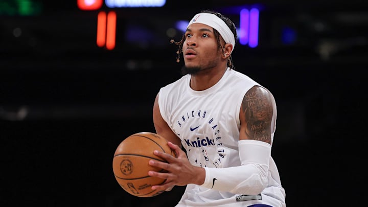 May 12, 2025; New York, New York, USA; New York Knicks guard Miles McBride (2) warms up during game four of the second round for the 2025 NBA Playoffs against the Boston Celtics at Madison Square Garden. Mandatory Credit: Vincent Carchietta-Imagn Images