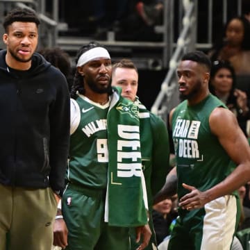 Milwaukee Bucks forward Giannis Antetokounmpo (34) watches from the bench in the fourth quarter against the Indiana Pacers during game one of the first round for the 2024 NBA playoffs at Fiserv Forum. 