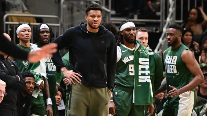 Milwaukee Bucks forward Giannis Antetokounmpo (34) watches from the bench in the fourth quarter against the Indiana Pacers during game one of the first round for the 2024 NBA playoffs at Fiserv Forum. 