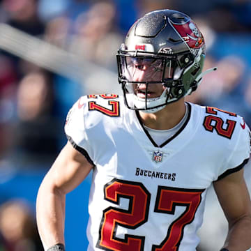 Jan 7, 2024; Charlotte, North Carolina, USA; Tampa Bay Buccaneers cornerback Zyon McCollum (27) during the first quarter against the Carolina Panthers at Bank of America Stadium. Mandatory Credit: Jim Dedmon-Imagn Images