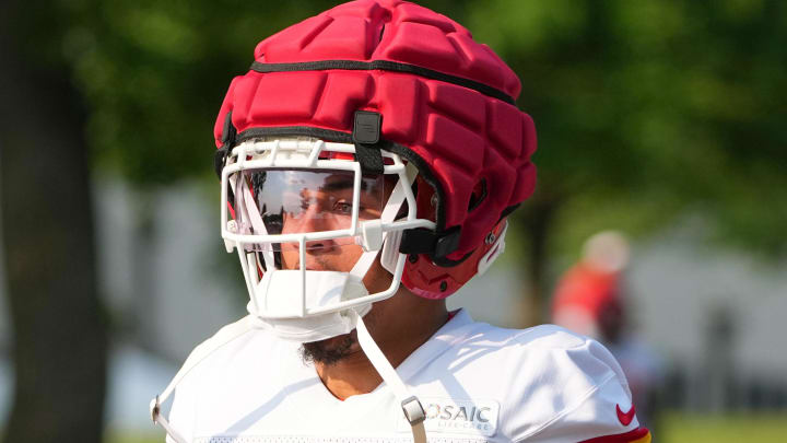 Jul 22, 2024; St. Joseph, MO, USA; Kansas City Chiefs cornerback Trent McDuffie (22) walks down the hill from the locker room to the fields prior to training camp at Missouri Western State University. Mandatory Credit: Denny Medley-USA TODAY Sports