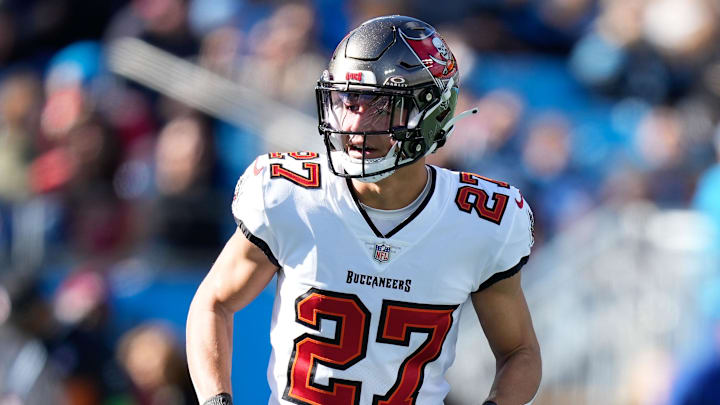 Jan 7, 2024; Charlotte, North Carolina, USA; Tampa Bay Buccaneers cornerback Zyon McCollum (27) during the first quarter against the Carolina Panthers at Bank of America Stadium. Mandatory Credit: Jim Dedmon-Imagn Images