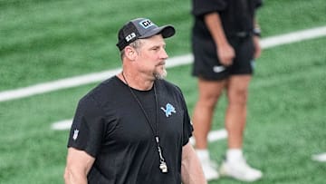 Detroit Lions head coach Dan Campbell watches practice during OTA at Meijer Performance Center in Allen Park on Thursday, June 5, 2025.