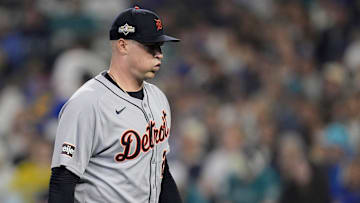 Tigers pitcher Tarik Skubal walks off the field after pitching the first inning against Mariners at ALDS Game 5 at T-Mobile Park in Seattle on Friday, Oct. 10, 2025.