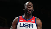Jul 31, 2021; Saitama, Japan; Team United States centre Draymond Green (14) reacts on the court against Czech Republic during the Tokyo 2020 Olympic Summer Games at Saitama Super Arena. Mandatory Credit: Kareem Elgazzar-USA TODAY Sports