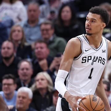 Mar 27, 2024; Salt Lake City, Utah, USA; San Antonio Spurs center Victor Wembanyama (1) reacts to a call for the Utah Jazz during the second quarter at Delta Center.