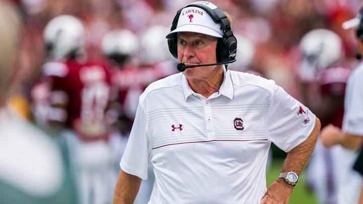 Sep 13, 2014; Columbia, SC, USA; South Carolina Gamecocks head coach Steve Spurrier directs his team against the Georgia Bulldogs in the first quarter at Williams-Brice Stadium. Mandatory Credit: Jeff Blake-Imagn Images