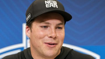 Notre Dame quarterback Riley Leonard (QB08) talks to the press during the 2025 NFL Combine 