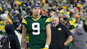 Green Bay Packers wide receiver Christian Watson (9) leaves the field in the fourth quarter after getting injured against the New Orleans Saints during their football game Monday, December 23, 2024, at Lambeau Field in Green Bay, Wisconsin.