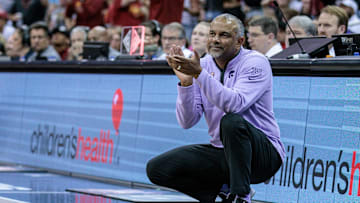 Mar 14, 2024; Kansas City, MO, USA; Kansas State Wildcats coach Jerome Tang on the sidelines during the first half Iowa State Cyclones at T-Mobile Center. Mandatory Credit: William Purnell-Imagn Images