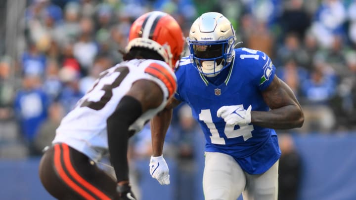 Oct 29, 2023; Seattle, Washington, USA; Seattle Seahawks wide receiver DK Metcalf (14) runs a route while guarded by Cleveland Browns cornerback Martin Emerson Jr. (23) at Lumen Field.