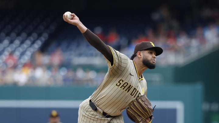 Jul 23, 2024; Washington, District of Columbia, USA; San Diego Padres starting pitcher Randy Vasquez (98) pitches against the Washington Nationals during the first inning at Nationals Park. Mandatory Credit: Geoff Burke-USA TODAY Sports