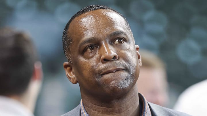 Apr 18, 2023; Houston, Texas, USA; Houston Astros general manager Dana Brown on the field before the game against the Toronto Blue Jays at Minute Maid Park. Mandatory Credit: Troy Taormina-Imagn Images