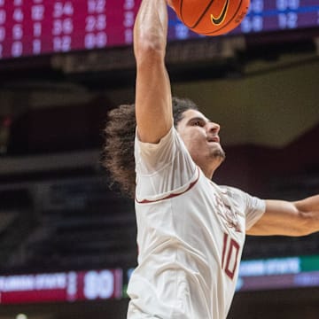 Florida State Seminoles guard Lajae Jones (10) shoots for two. The Florida State Seminoles defeated the Alcorn State Braves 108-76 on Tuesday, Nov. 4, 2025.
