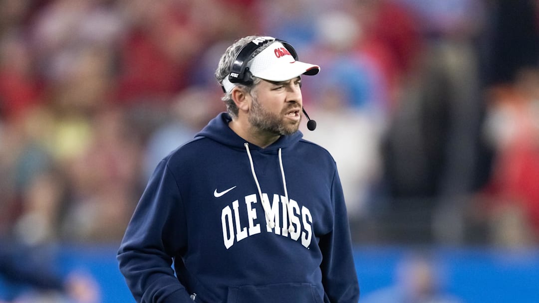 Jan 8, 2026; Glendale, AZ, USA; Mississippi Rebels head coach Pete Golding against the Miami Hurricanes during the 2026 Fiesta Bowl and semifinal game of the College Football Playoff at State Farm Stadium. Mandatory Credit: Mark J. Rebilas-Imagn Images