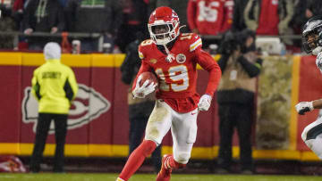 Nov 20, 2023; Kansas City, Missouri, USA; Kansas City Chiefs wide receiver Kadarius Toney (19) returns a kick against the Philadelphia Eagles during the second half at GEHA Field at Arrowhead Stadium. Mandatory Credit: Denny Medley-USA TODAY Sports