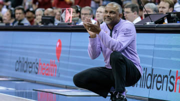 Mar 14, 2024; Kansas City, MO, USA; Kansas State Wildcats coach Jerome Tang on the sidelines during the first half Iowa State Cyclones at T-Mobile Center. Mandatory Credit: William Purnell-USA TODAY Sports