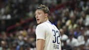 Jul 10, 2025; Las Vegas, NV, USA; Dallas Mavericks forward Cooper Flagg (32) looks on against the Los Angeles Lakers in the second quarter of their game at Thomas & Mack Center. Mandatory Credit: Candice Ward-Imagn Images