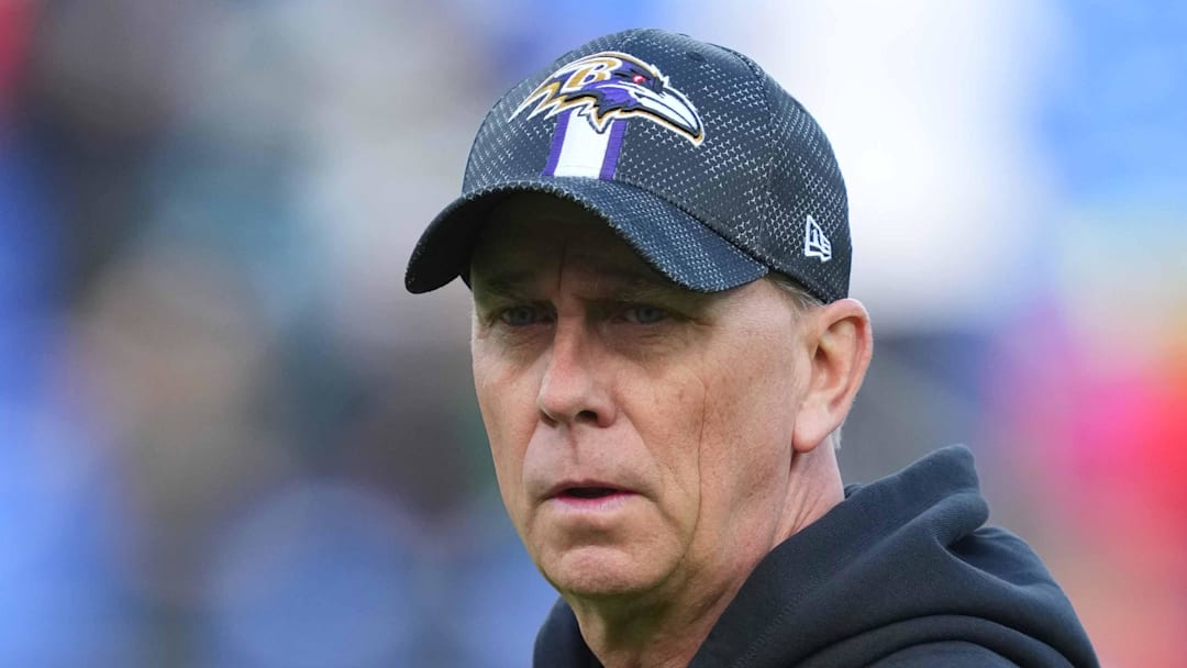 Dec 1, 2024; Baltimore, Maryland, USA; Baltimore Ravens offensive coordinator Todd Monken prior the game against the Philadelphia Eagles at M&T Bank Stadium. Mandatory Credit: Mitch Stringer-Imagn Images