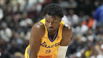 Jul 10, 2025; Las Vegas, NV, USA; Los Angeles Lakers guard Bronny James (9) prepares for the start of the second quarter against the Dallas Mavericks at Thomas & Mack Center. Mandatory Credit: Candice Ward-Imagn Images