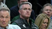 Dec 2, 2025; East Lansing, Michigan, USA;  Michigan State head football coach Pat Fitzgerald watches the Spartans defeat the Iowa Hawkeyes at Jack Breslin Student Events Center. Mandatory Credit: Dale Young-Imagn Images
