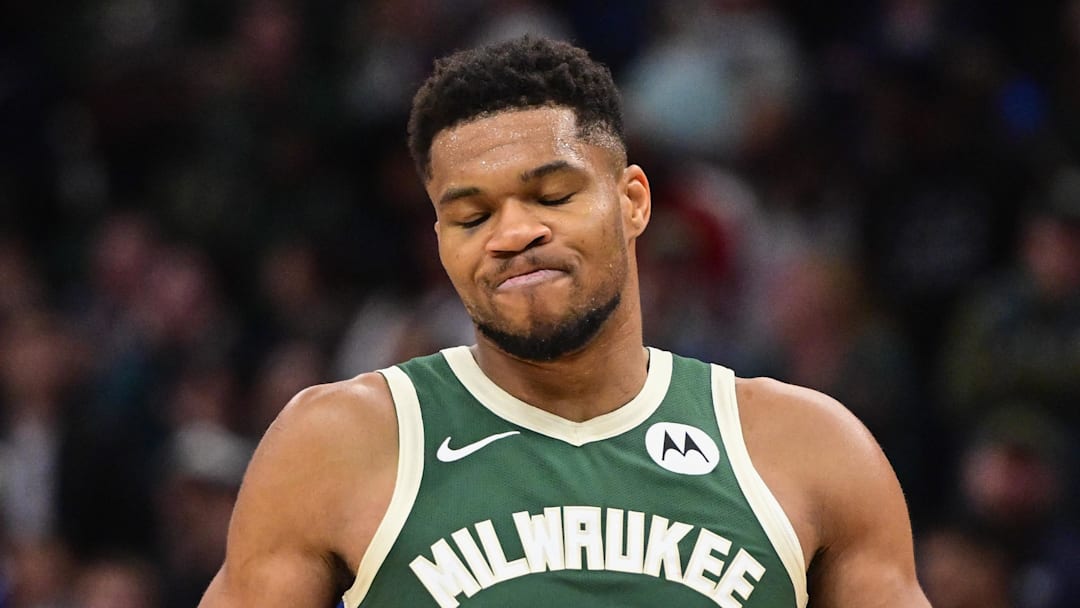 Milwaukee Bucks forward Giannis Antetokounmpo reacts after missing a shot late in the fourth quarter against the Sacramento Kings at Fiserv Forum on Nov 1, 2025.
