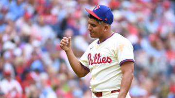 May 4, 2025; Philadelphia, Pennsylvania, USA; Philadelphia Phillies pitcher Ranger Suárez (55) reacts after allowing a run during the third inning against the Arizona Diamondbacks at Citizens Bank Park.