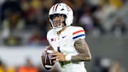Nov 28, 2025; Tempe, Arizona, USA; Arizona Wildcats quarterback Noah Fifita (1) against the Arizona State Sun Devils during the 99th Territorial Cup at Mountain America Stadium. Mandatory Credit: Mark J. Rebilas-Imagn Images
