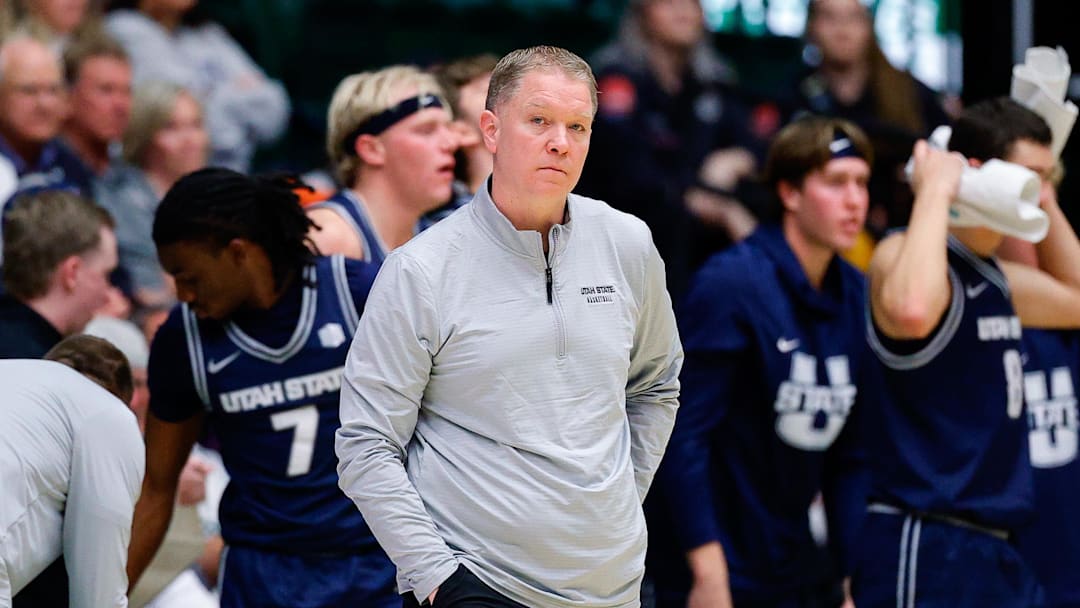 Jan 23, 2026; Fort Collins, Colorado, USA; Utah State Aggies head coach Jerrod Calhoun in the first half against the Colorado State Rams at Moby Arena. Mandatory Credit: Isaiah J. Downing-Imagn Images Jan 23, 2026; Fort Collins, Colorado, USA; Utah State Aggies head coach Jerrod Calhoun in the first half against the Colorado State Rams at Moby Arena. Mandatory Credit: Isaiah J. Downing-Imagn Images