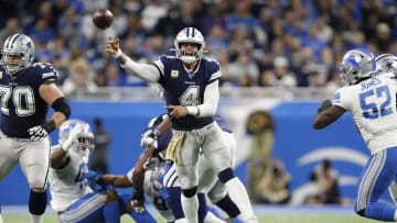 Nov 17, 2019; Detroit, MI, USA; Dallas Cowboys quarterback Dak Prescott (4) passes the ball during