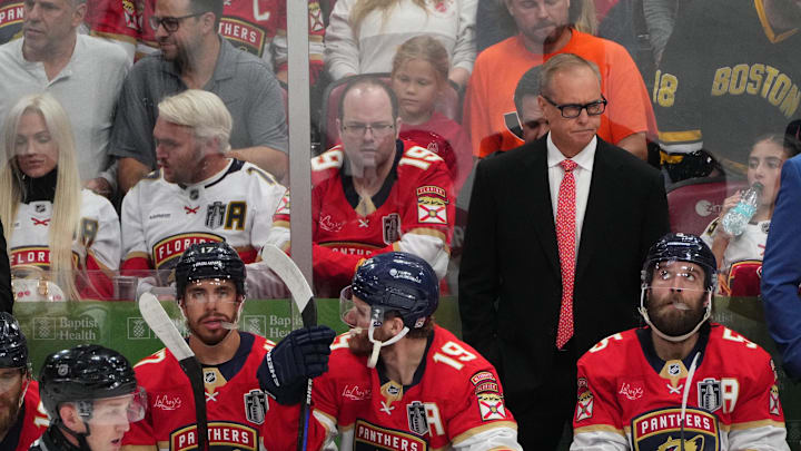 Jun 9, 2025; Sunrise, Florida, USA; Florida Panthers head coach Paul Maurice looks on during the first period against the Edmonton Oilers in game three of the 2025 Stanley Cup Final at Amerant Bank Arena. 