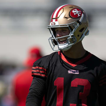 Jul 26, 2024; Santa Clara, CA, USA; San Francisco 49ers quarterback Brock Purdy (13) walks the practice field during Day 4 of training camp at SAP Performance Facility. Mandatory Credit: D. Ross Cameron-USA TODAY Sports