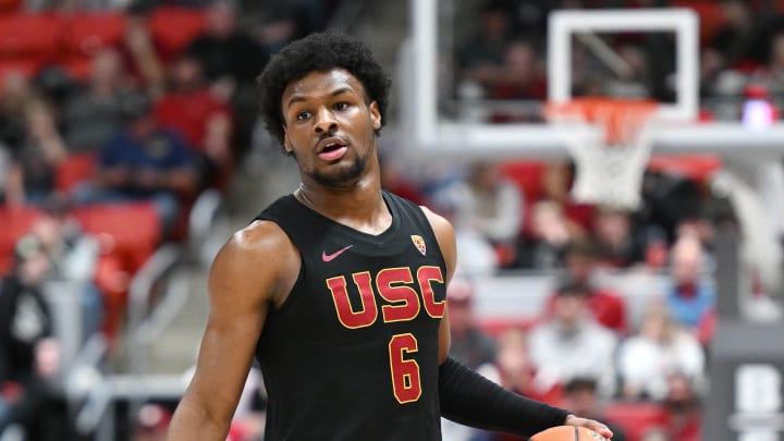 Feb 29, 2024; Pullman, Washington, USA; USC Trojans guard Bronny James (6) controls the ball against the Washington State Cougars in the second half at Friel Court at Beasley Coliseum. Washington State Cougars won 75-72. Mandatory Credit: James Snook-USA TODAY Sports