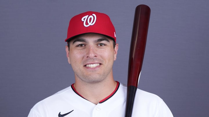 Feb 20, 2026; Palm Beach County, FL, USA;  Washington Nationals first baseman Matt Mervis (35) poses for a portrait during photo day at CACTI Park of the Palm Beaches. Mandatory Credit: Jim Rassol-Imagn Images