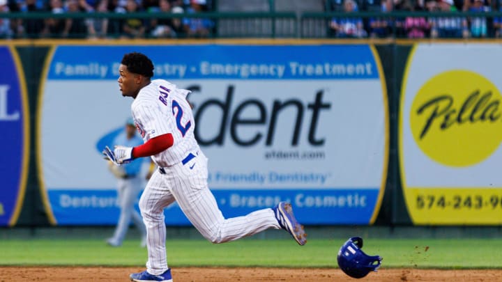 South Bend Cubs infielder Jefferson Rojas takes off from second base to score a run and put his team up by one in the eighth inning of a minor league baseball game against the Lake County Captains at Four Winds Field on Friday, June 21, 2024, in South Bend.