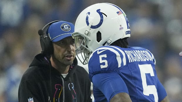 Indianapolis Colts quarterback Anthony Richardson (5) talks with Indianapolis Colts coach Shane Steichen.