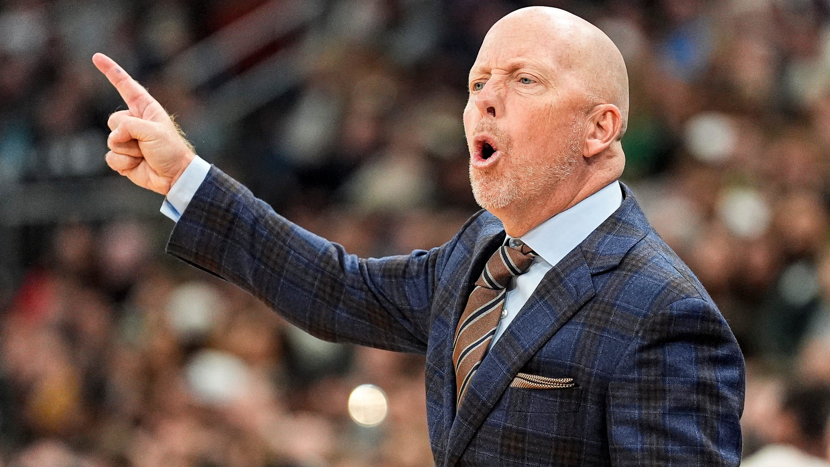 UCLA head coach Mick Cronin reacts to a play against Michigan State during the first half of Big Ten tournament quarterfinal at United Center in Chicago on Friday, March 13, 2026.