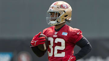 Jul 29, 2022; Santa Clara, CA, USA;  San Francisco 49ers running back Tyrion Davis-Price (32) runs during training camp at the SAP Performance Facility near Levi Stadium. Mandatory Credit: Stan Szeto-Imagn Images