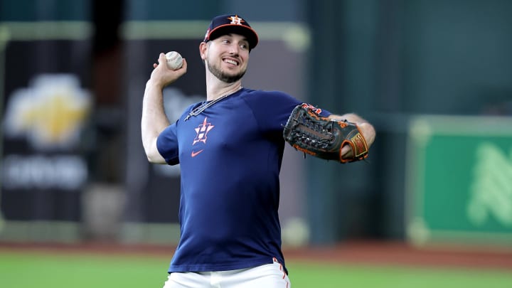 Aug 16, 2024; Houston, Texas, USA; Houston Astros right fielder Kyle Tucker (30) works out prior to the game against the Chicago White Sox at Minute Maid Park. 