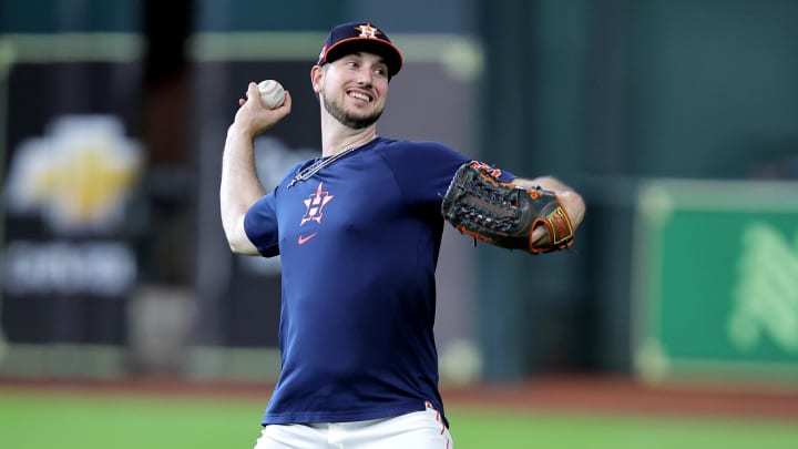 Aug 16, 2024; Houston, Texas, USA; Houston Astros right fielder Kyle Tucker (30) works out prior to the game against the Chicago White Sox at Minute Maid Park.