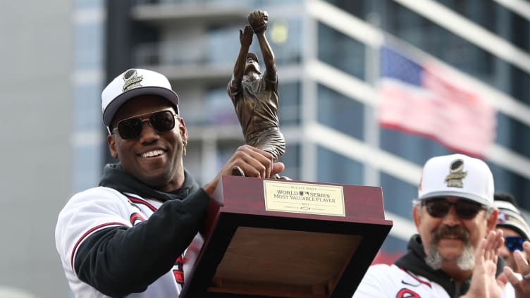 Nov 5, 2021; Atlanta, GA, USA; Atlanta Braves outfielder Jorge Soler holds up the MVP trophy during