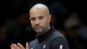 Nov 11, 2025; Brooklyn, New York, USA; Brooklyn Nets head coach Jordi Fernandez coaches against the Toronto Raptors during the second quarter at Barclays Center. Mandatory Credit: Brad Penner-Imagn Images