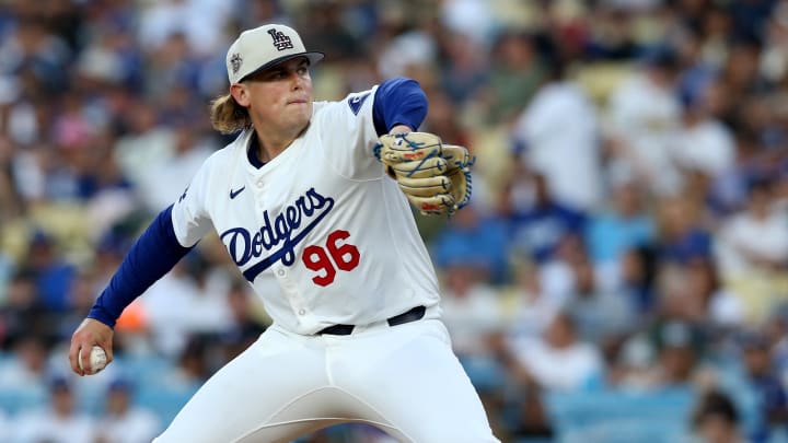 Jul 4, 2024; Los Angeles, California, USA; Los Angeles Dodgers pitcher Landon Knack (96) throws during the fifth inning against the Arizona Diamondbacks at Dodger Stadium. Mandatory Credit: Jason Parkhurst-USA TODAY Sports