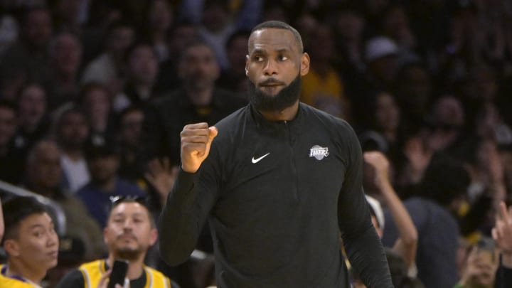 Feb 29, 2024; Los Angeles, California, USA;  Los Angeles Lakers forward LeBron James (23) reacts after a basket in the first half against the Washington Wizards at Crypto.com Arena. Mandatory Credit: Jayne Kamin-Oncea-USA TODAY Sports