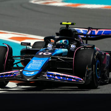 May 3, 2024; Miami Gardens, Florida, USA; Alpine driver Pierre Gasley (10) races into turn three during F1 practice at Miami International Autodrome. Mandatory Credit: John David Mercer-USA TODAY Sports