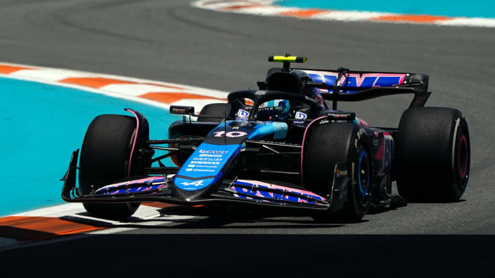 May 3, 2024; Miami Gardens, Florida, USA; Alpine driver Pierre Gasley (10) races into turn three during F1 practice at Miami International Autodrome. Mandatory Credit: John David Mercer-USA TODAY Sports