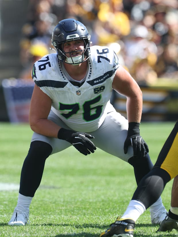 Seattle Seahawks guard Grey Zabel (76) at the line of scrimmage