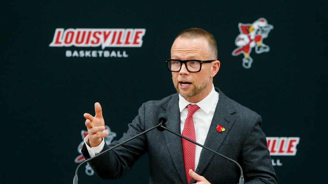 Louisville Basketball coach Pat Kelsey speaks as he is introduced as the new head coach of UofL Mens’s Basketball on Thursday, March 28, 2024