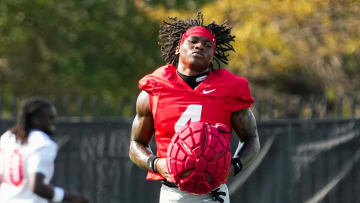 Aug 1, 2024; Columbus, OH, USA; Ohio State Buckeyes wide receiver Jeremiah Smith (4) runs during football camp at the Woody Hayes Athletic Complex.