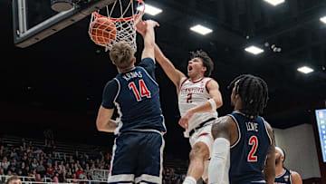 Dec 31, 2023; Stanford, California, USA; Stanford Cardinal guard Andrej Stojakovic (2) scores during